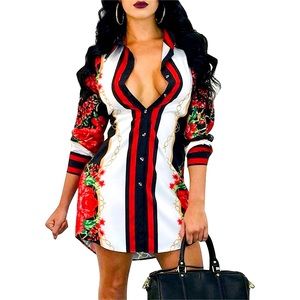 Women’s Floral Print Button Down Collar Long Shirt Dress Blouse Mini Dress /S